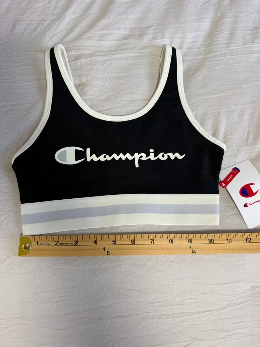 Champion Black Sports Bra with Red & Blue Logo